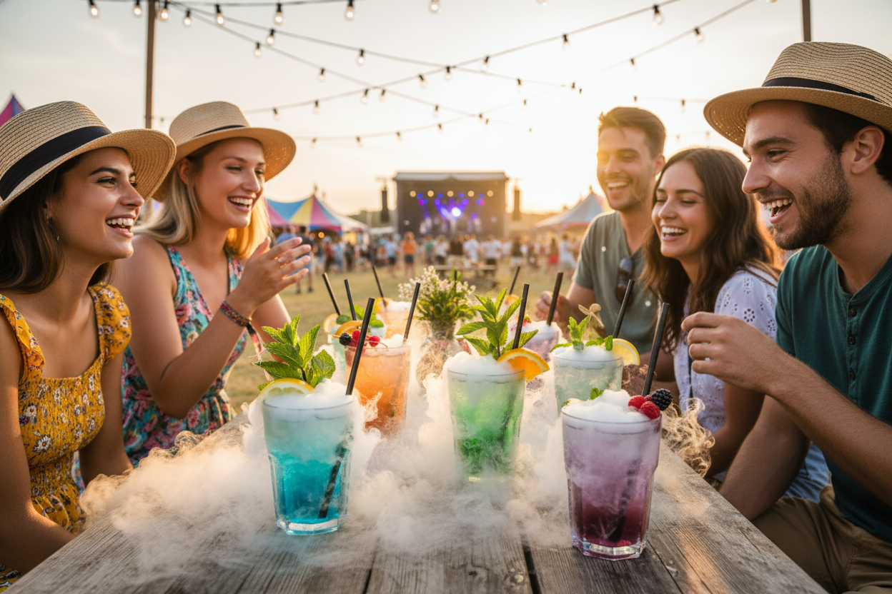 Bunte Festivalsommer kalte Getränke mit Trockeneis sorgen für erfrischende Stimmung und gesellige Momente im Freien