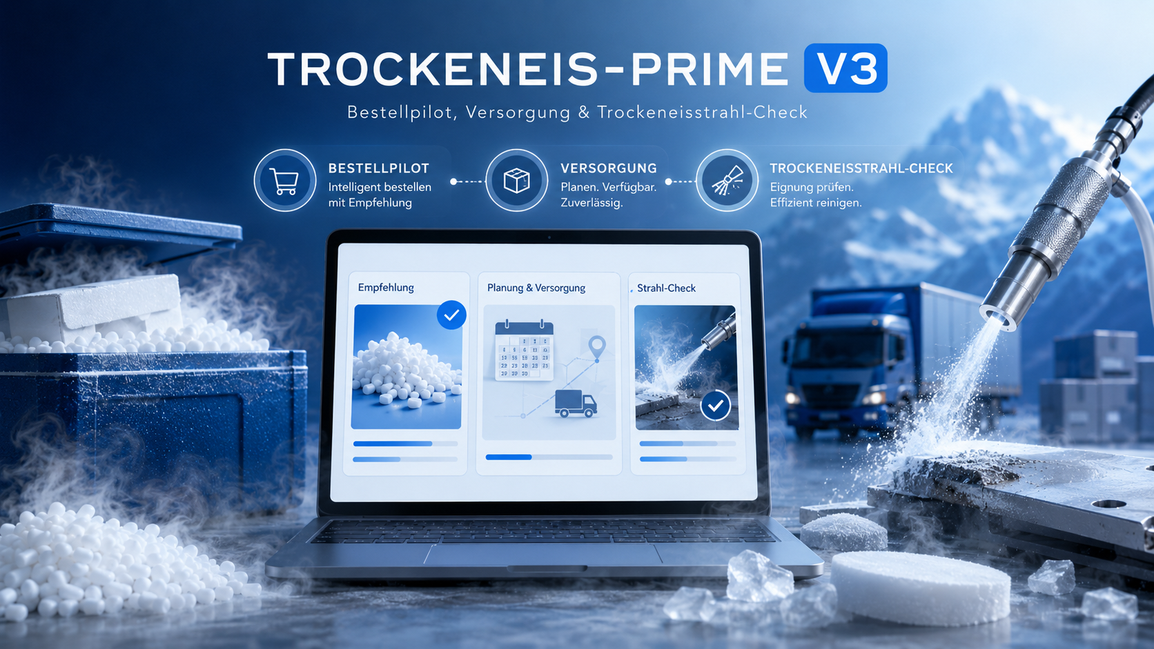 Trockeneis-Prime V3 mit Bestellpilot, Versorgung und Trockeneisstrahl-Check