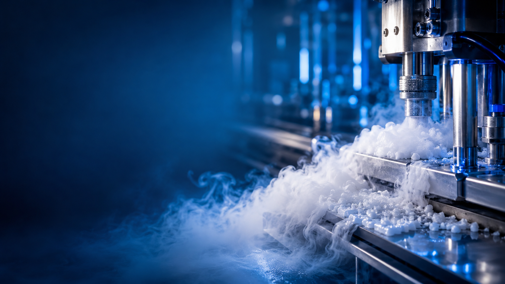Industrielle Produktionsanlage mit Trockeneis zur Prozesskühlung und technischen Anwendung.