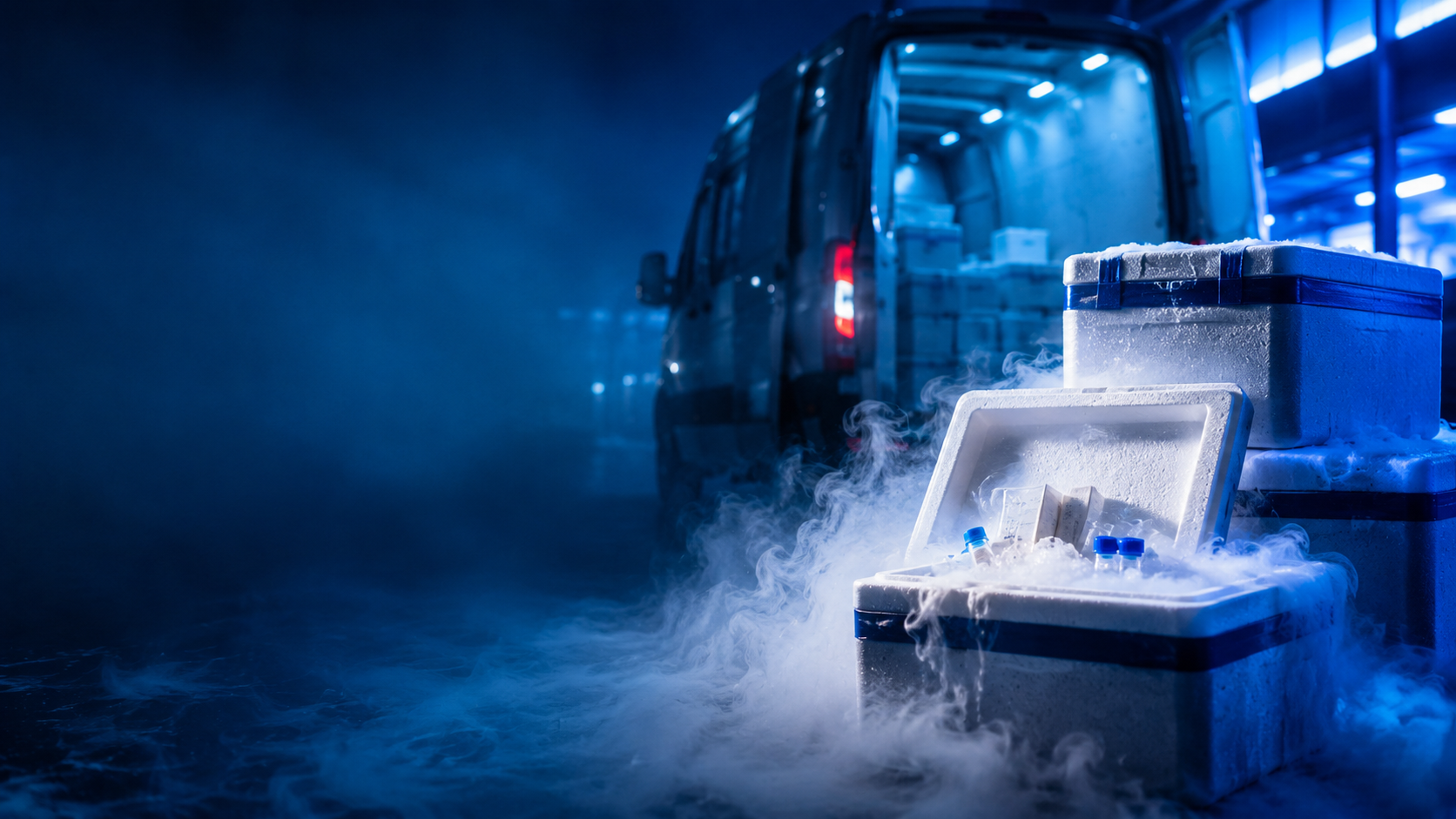 Isolierte Versandboxen mit Trockeneis vor einem Lieferfahrzeug für Kühltransport und Expressversand.