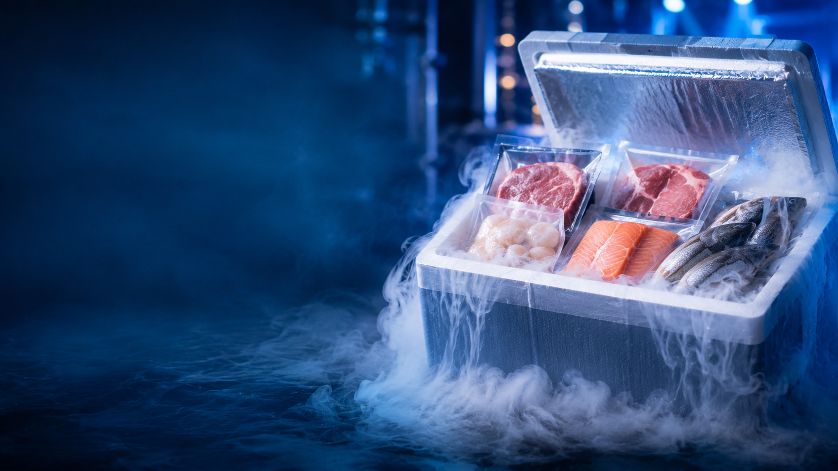 Fleisch, Fisch und tiefgekühlte Lebensmittel in einer Isolierbox mit Trockeneis für den gekühlten Versand.
