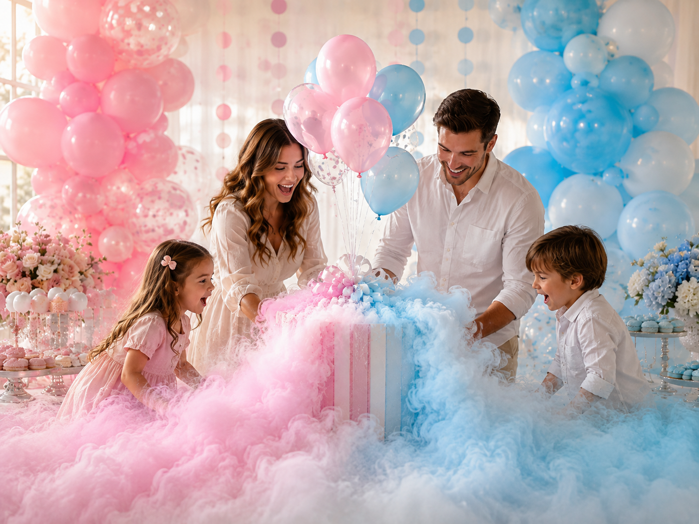 Fotokulisse einer Gender Reveal Party mit rosa und blauem Trockeneisnebel