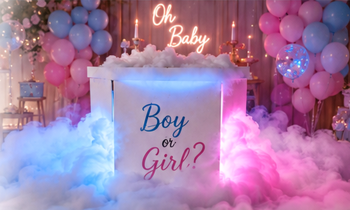 Reveal-Box für eine Gender Reveal Party mit rosa und blauem Trockeneisnebel