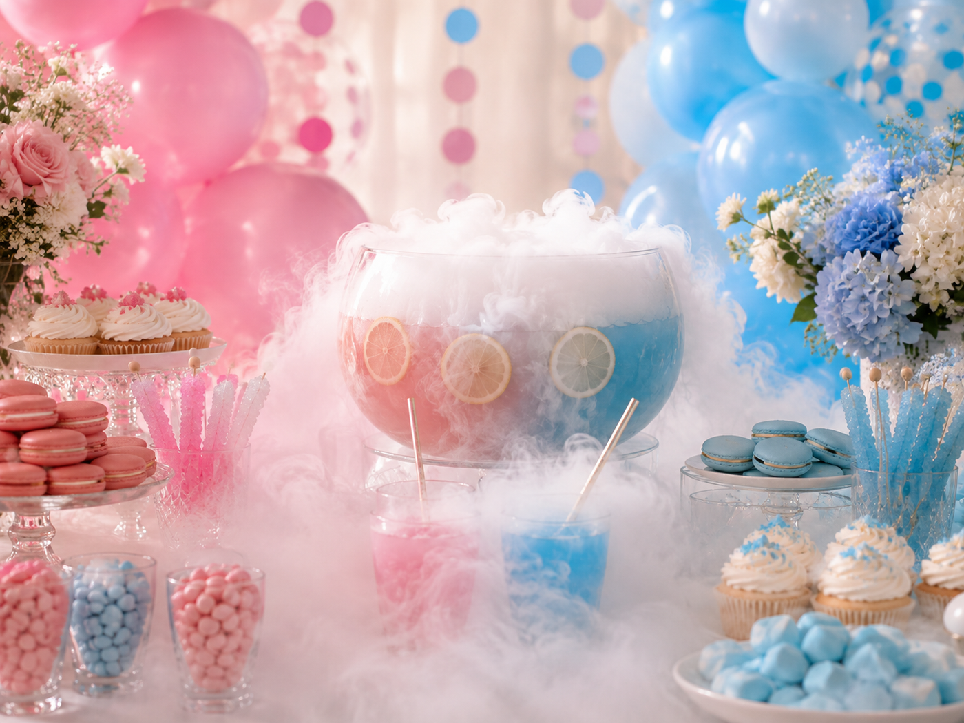 Nebeleffekt mit Trockeneis für eine Gender Reveal Party mit rosa und blau dekorierter Bowle