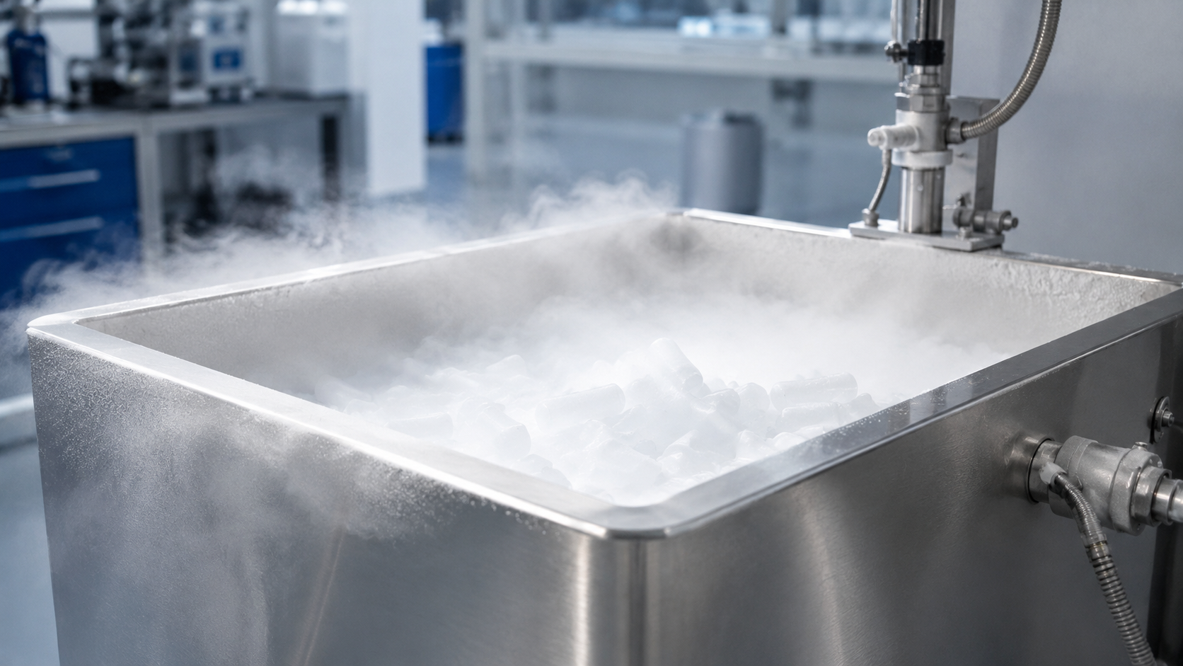 Technisches Kältebad mit Trockeneis in einem Edelstahlbehälter für industrielle Anwendungen