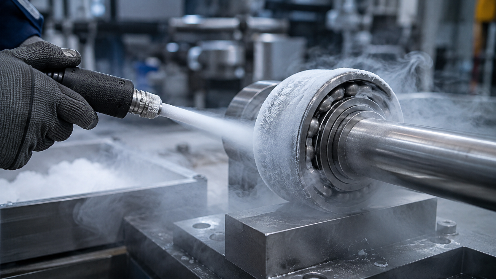 Trockeneis beim Kaltschrumpfen und Kaltdehnen eines metallischen Lager- und Wellenbauteils
