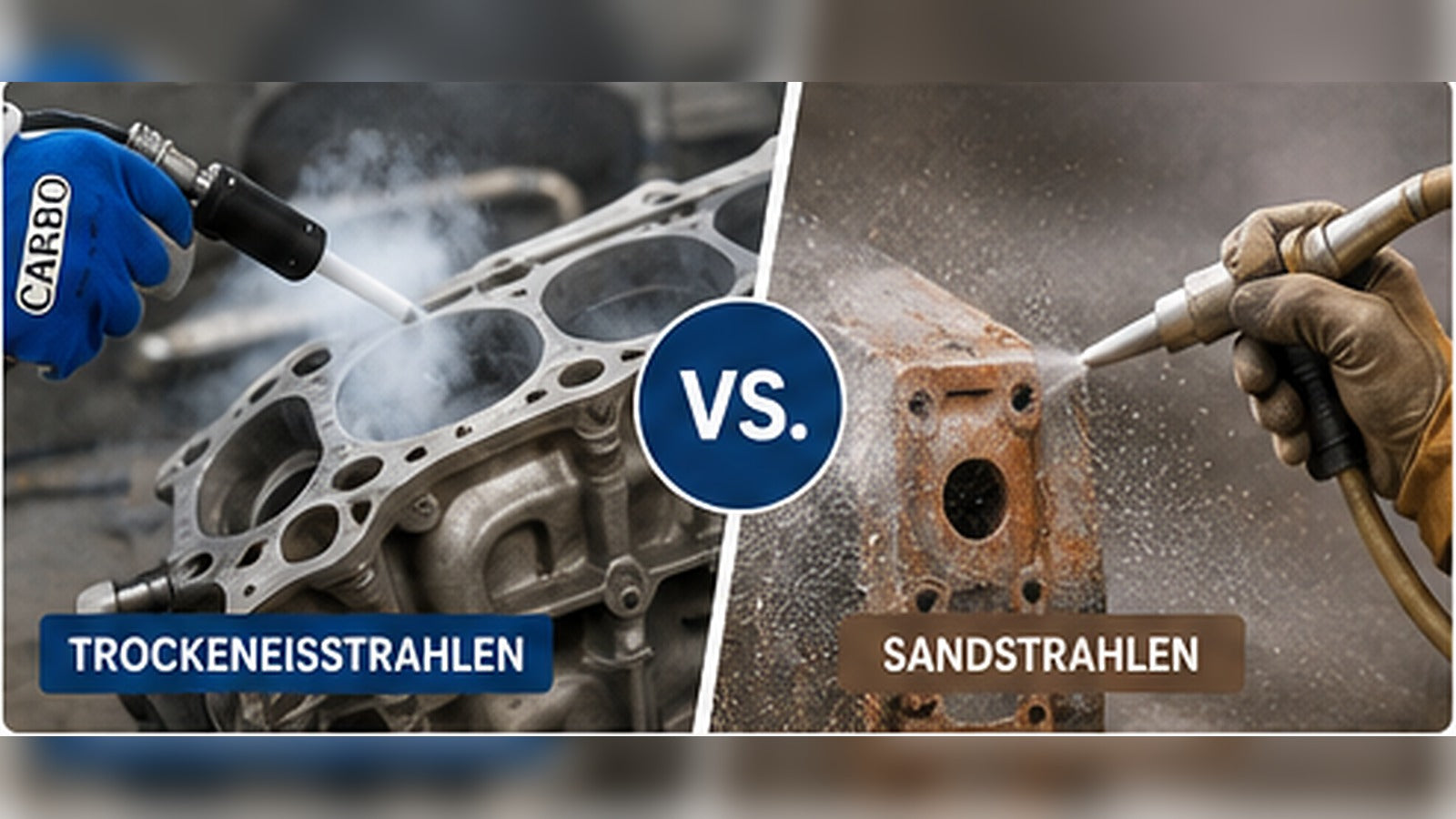 Trockeneisstrahlen und Sandstrahlen im Vergleich bei der Reinigung eines Metallbauteils